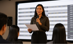 Illustration of a woman in power giving thought leadership in regulated industries