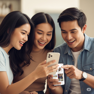 Excited group discovering new trends on a smartphone, symbolizing social listening 2.0 in action